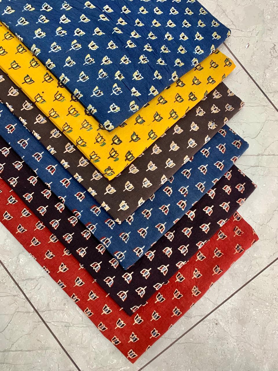 Ajrakh pure cotton handblock printed fabric in mustard base with multicolour butti motifs